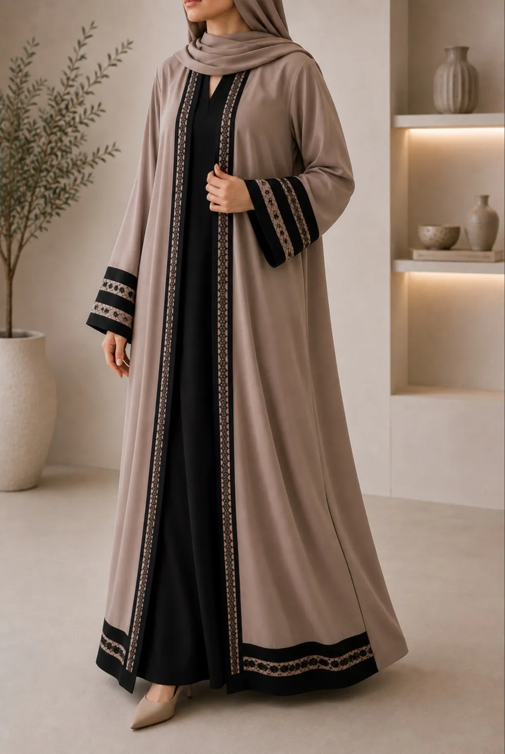 Taupe & Black Embroidered Abaya